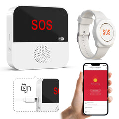 Sanjie Smart caregiver call system with phone alerts, share function, rechargeable receiver, and waterproof call/watch buttons. Ideal for elderly, disabled, or patients.