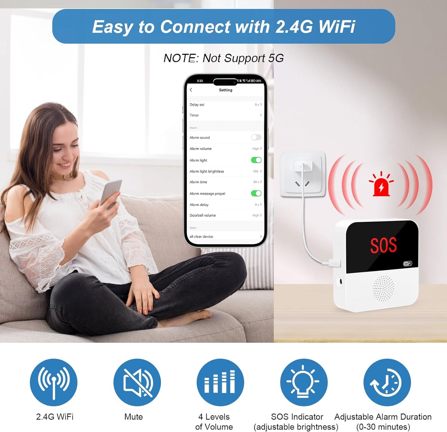 WiFi Smart Wireless Pager System Caregiver Call Button Life Alert Systems for Seniors Fall Alert Devices for Elderly Patient Disabled 1 Receiver(only Supports 2.4GHz &amp; No Monthly Fee)