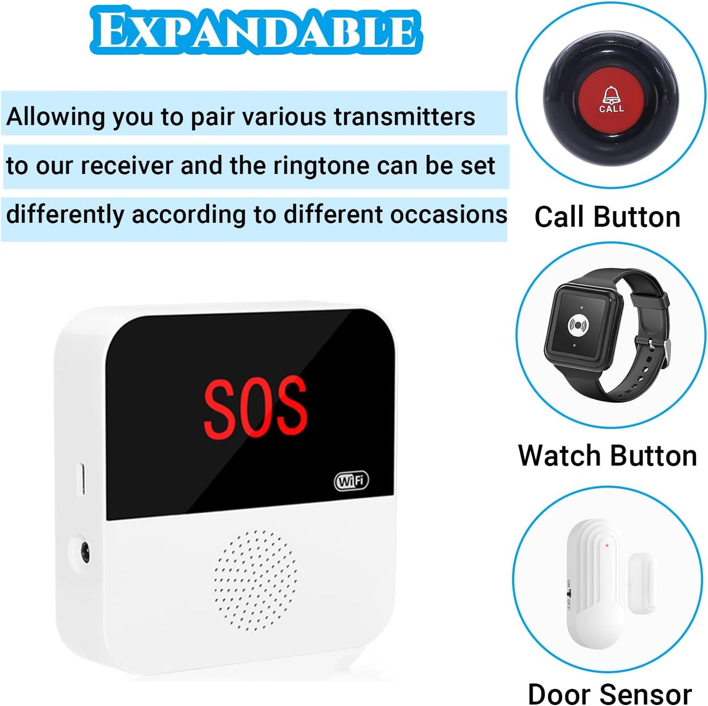 WiFi Smart Wireless Pager System Caregiver Call Button Life Alert Systems for Seniors Fall Alert Devices for Elderly Patient Disabled 1 Receiver(only Supports 2.4GHz &amp; No Monthly Fee)