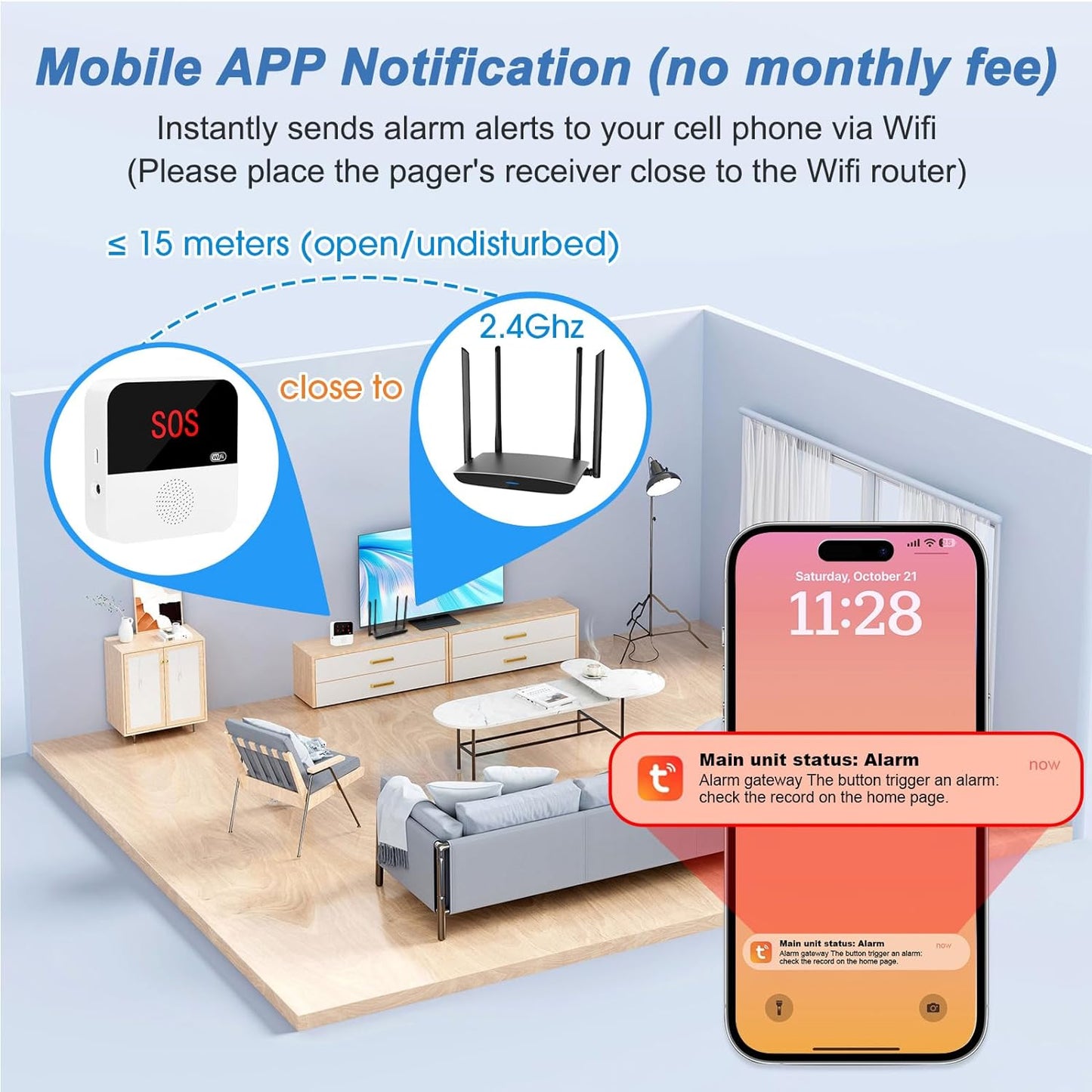 WiFi Smart Wireless Pager System Caregiver Call Button Life Alert Systems for Seniors Fall Alert Devices for Elderly Patient Disabled 1 Receiver(only Supports 2.4GHz &amp; No Monthly Fee)