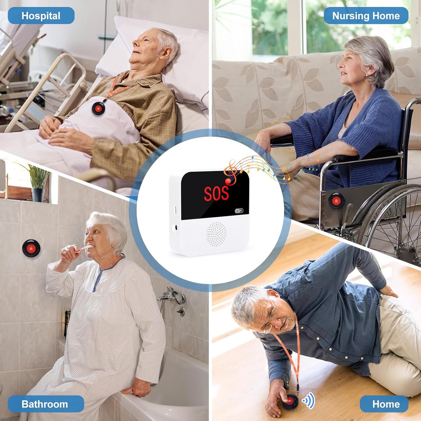 WiFi Smart Wireless Pager System Caregiver Call Button Life Alert Systems for Seniors Fall Alert Devices for Elderly Patient Disabled 1 Receiver(only Supports 2.4GHz &amp; No Monthly Fee)