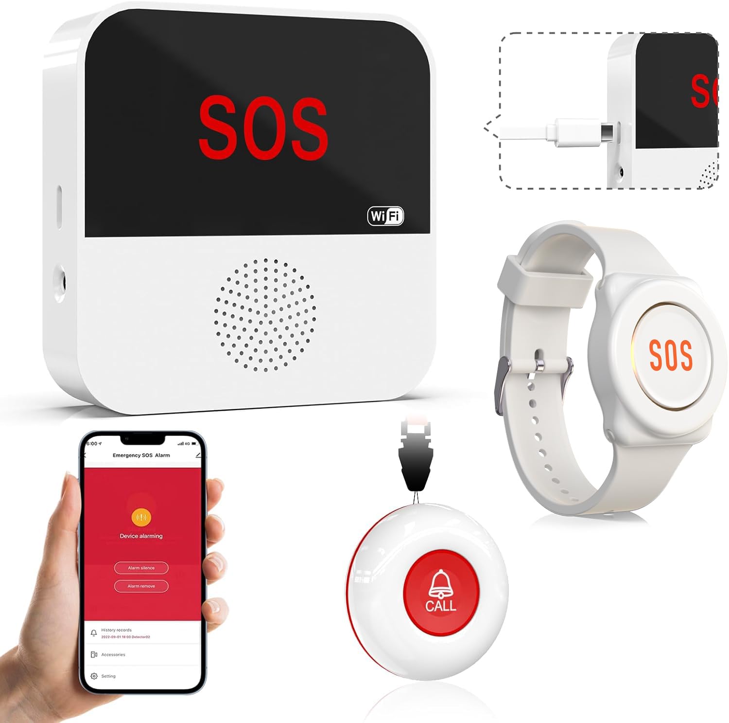 Sanjie Smart caregiver call system with phone alerts, share function, rechargeable receiver, and waterproof call/watch buttons. Ideal for elderly, disabled, or patients.