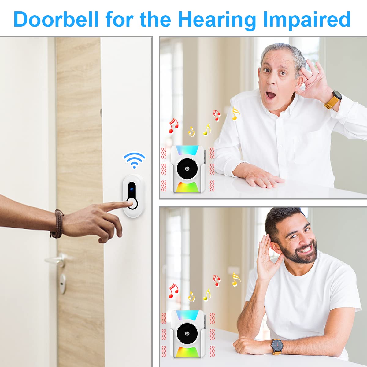 Sanjie Wireless Battery Operated Doorbell with Vibration & LED Flash – Loud Door Chime Kit for Home, Hearing Impaired, 4 Modes, 5 Volume Levels