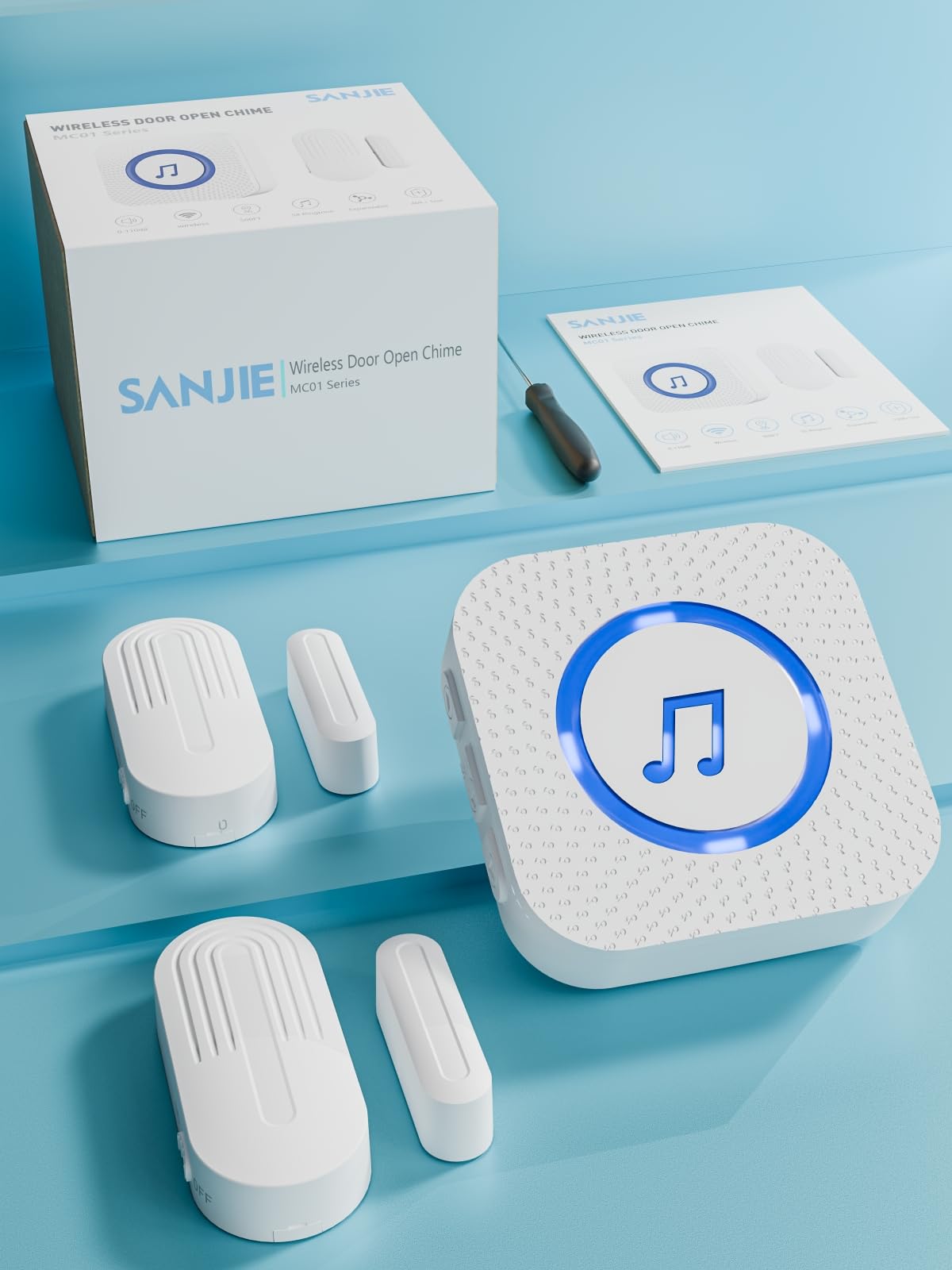 Door Chime,Wireless Door Sensor SanJie Door Alarm Chime with 55 Chimes 5 Adjustable Volume Mute Mode for Business/Home/Store,Door Open Sensor with 1000ft Range LED Indicators 1 Receiver +4 Sensors