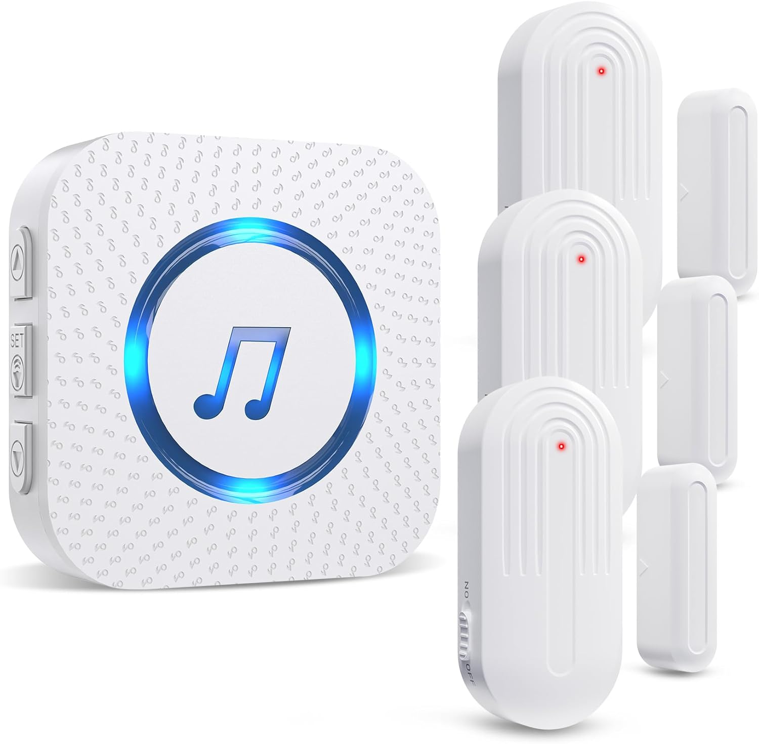 Door Chime,Wireless Door Sensor SanJie Door Alarm Chime with 55 Chimes 5 Adjustable Volume Mute Mode for Business/Home/Store,Door Open Sensor with 1000ft Range LED Indicators 1 Receiver +4 Sensors