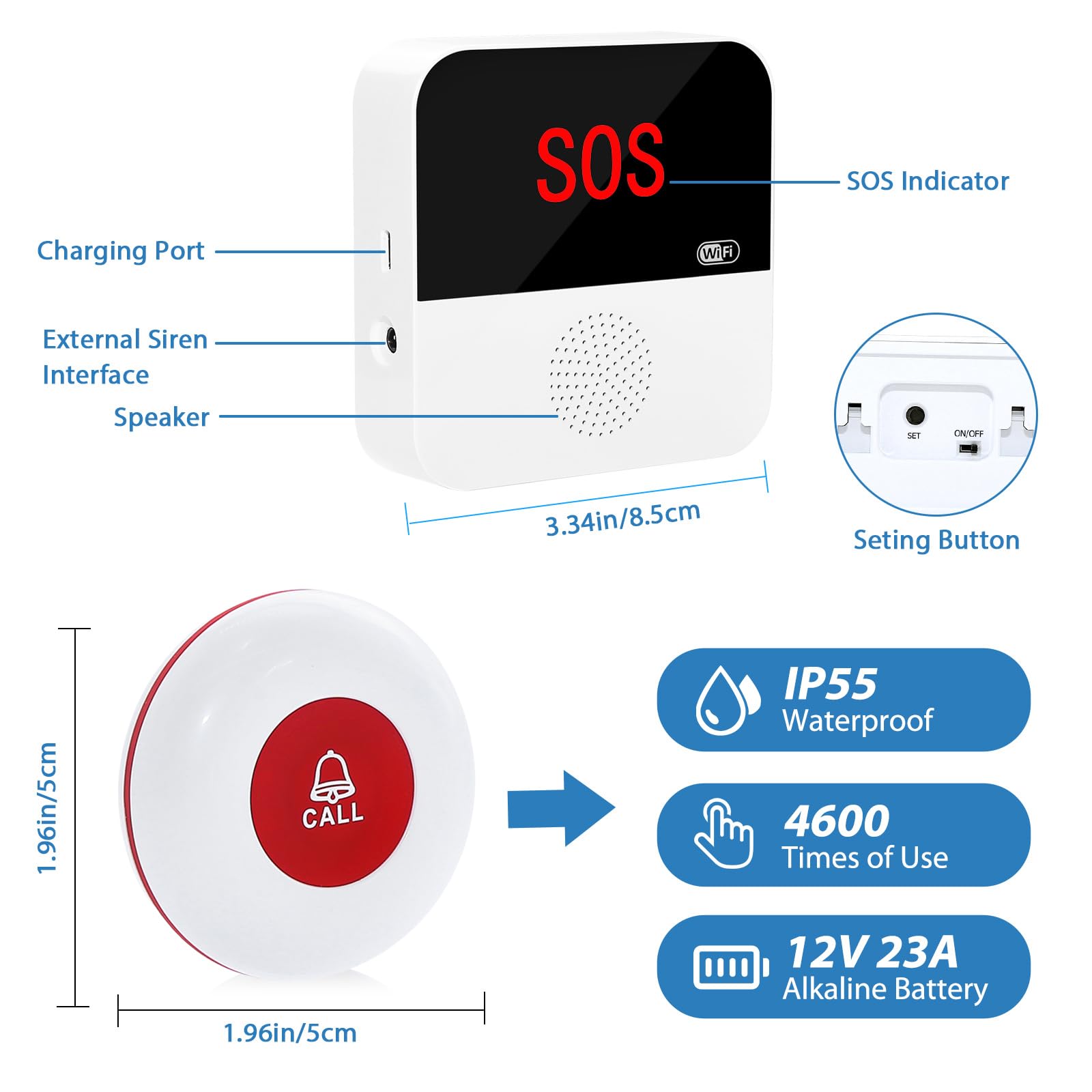 Sanjie Smart WiFi Caregiver Pager with Call Button – Rechargeable Alert System for Elderly, Seniors, Patients, Disabled – TUYA App, Waterproof, No Monthly Fee
