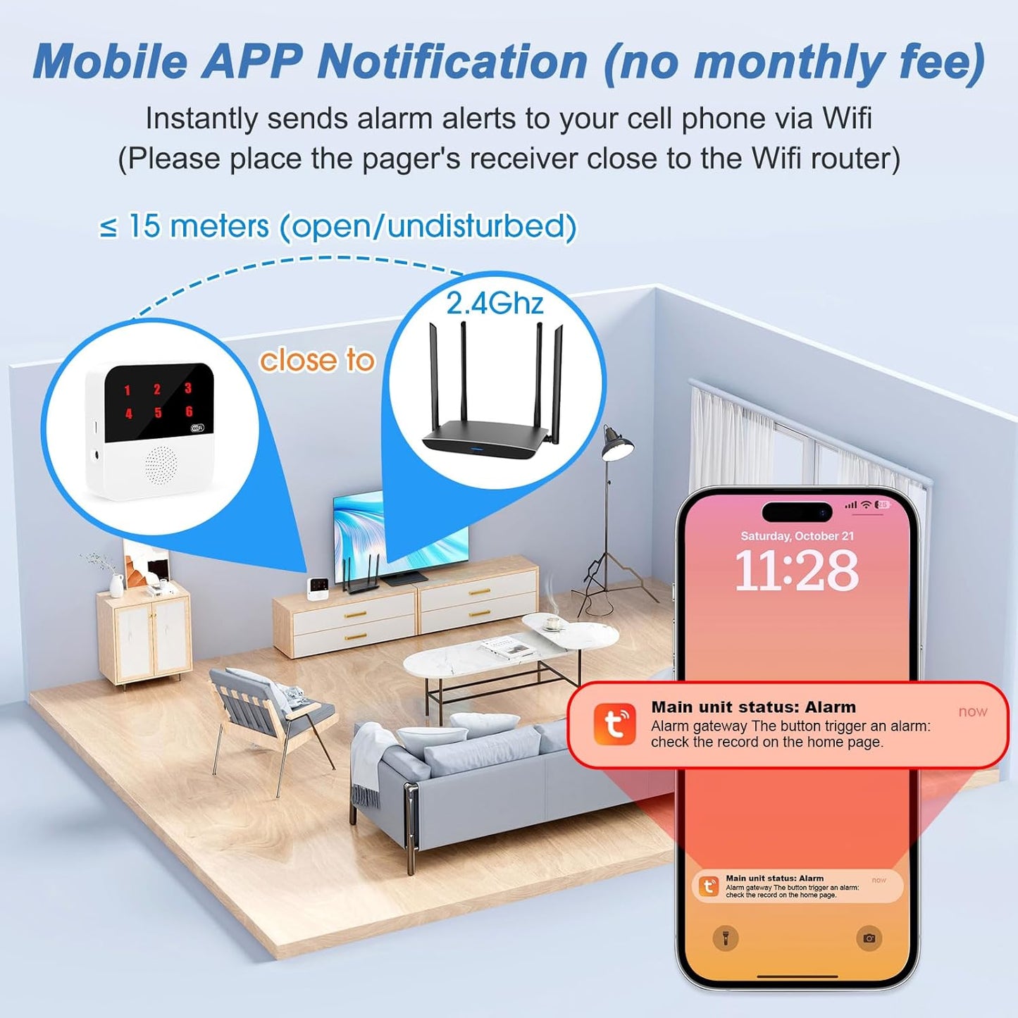 WiFi Smart Wireless Caregiver Pagers for Elderly Alert Button That Calls Cell Phone Caregiver Alert System with LED Number Display 2 SOS Call Button 1 Receiver(Only Supports 2.4GHz &amp; No Monthly Fee)