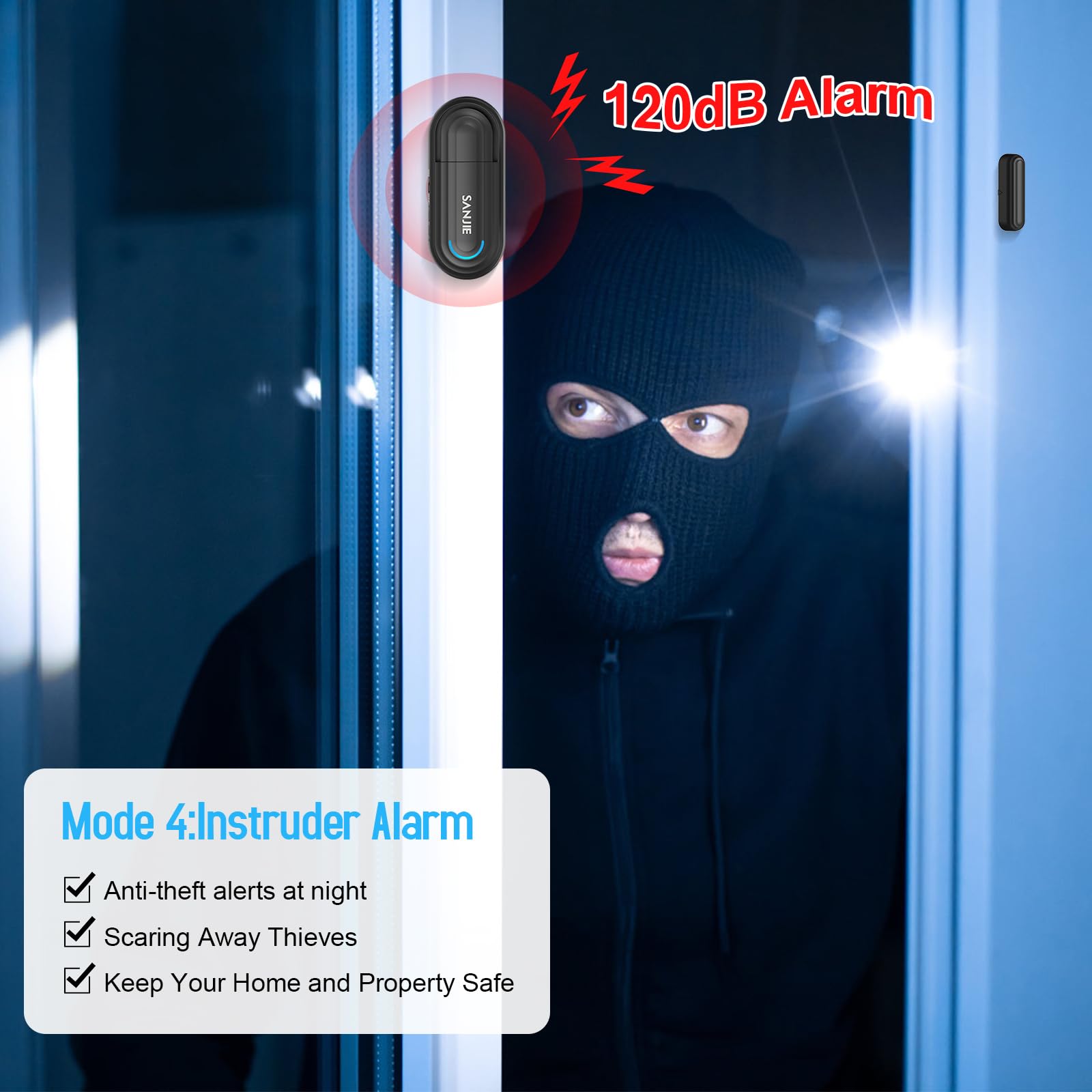 Sanjie New Wireless Pool Door Alarm with Remote – 120dB Adjustable Volume, 4 Modes for Home Security, Kids Safety, Elderly & Dementia Monitoring