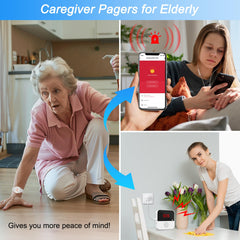 Sanjie Smart caregiver call system with phone alerts, share function, rechargeable receiver, and waterproof call/watch buttons. Ideal for elderly, disabled, or patients.