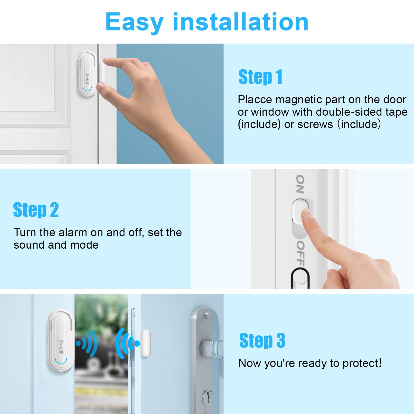 Sanjie Pool Door Alarm for Kids Safety, Wireless Window & Door Alarm Sensor with Remote, 0–120dB Adjustable Volume, 4 Modes, for Home Security & Dementia Monitoring
