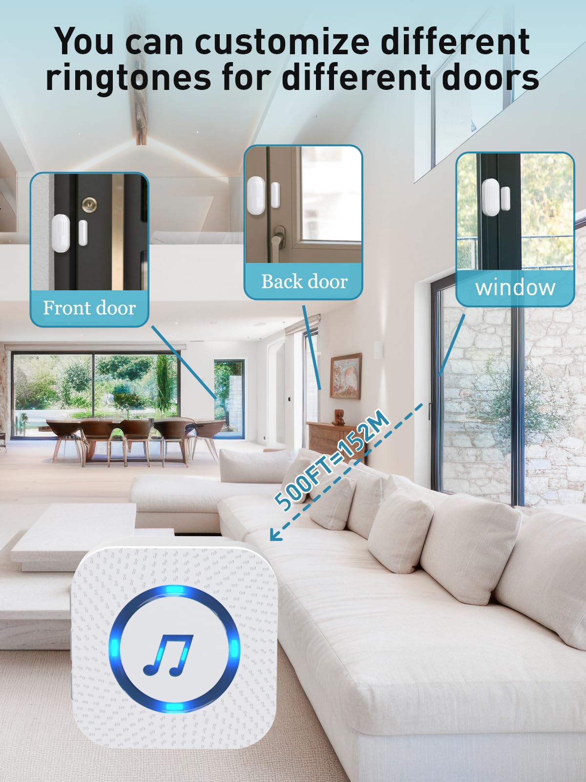 Door Chime,Wireless Door Sensor SanJie Door Alarm Chime with 55 Chimes 5 Adjustable Volume Mute Mode for Business/Home/Store,Door Open Sensor with 1000ft Range LED Indicators 1 Receiver +4 Sensors