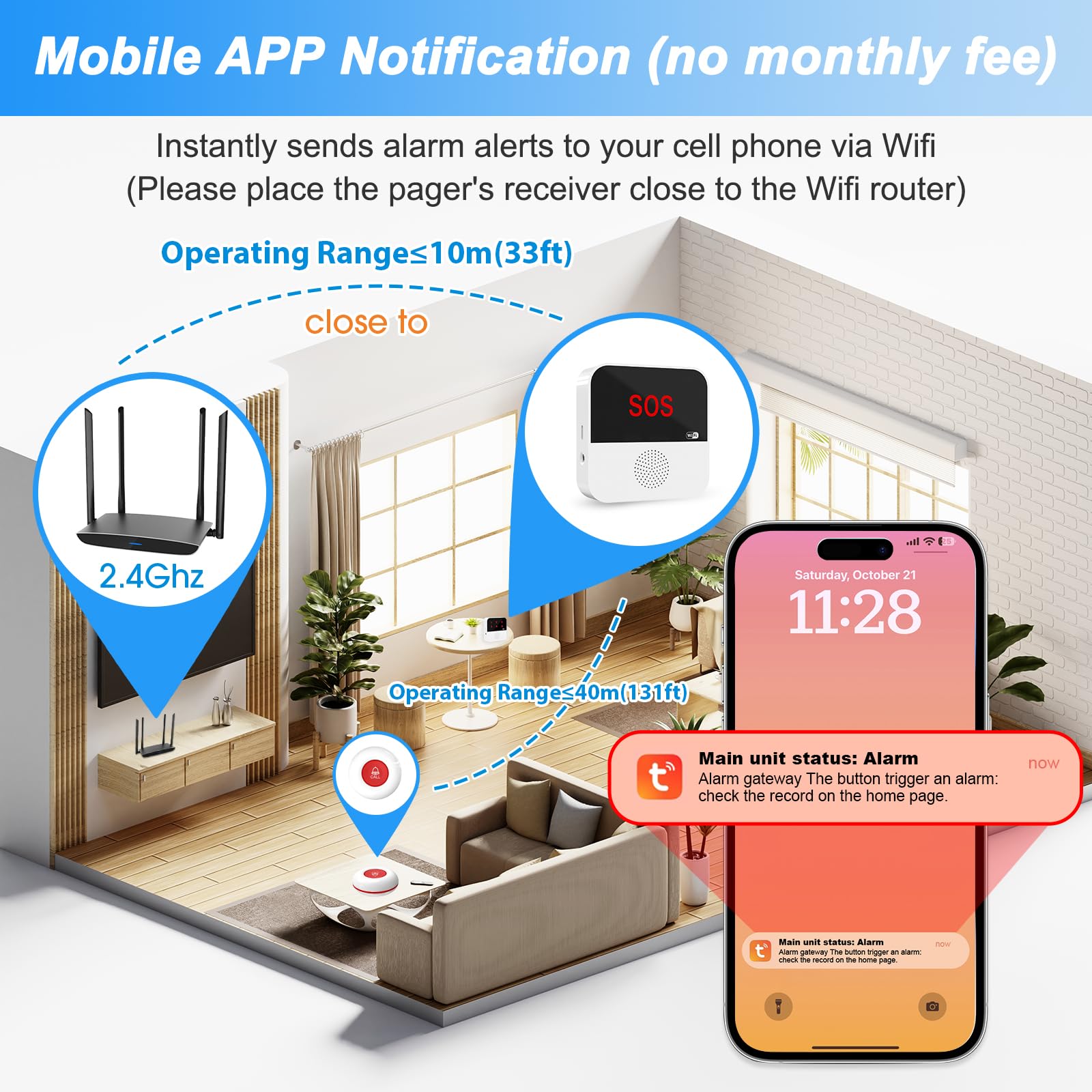 Sanjie Smart WiFi Caregiver Pager with Call Button – Rechargeable Alert System for Elderly, Seniors, Patients, Disabled – TUYA App, Waterproof, No Monthly Fee