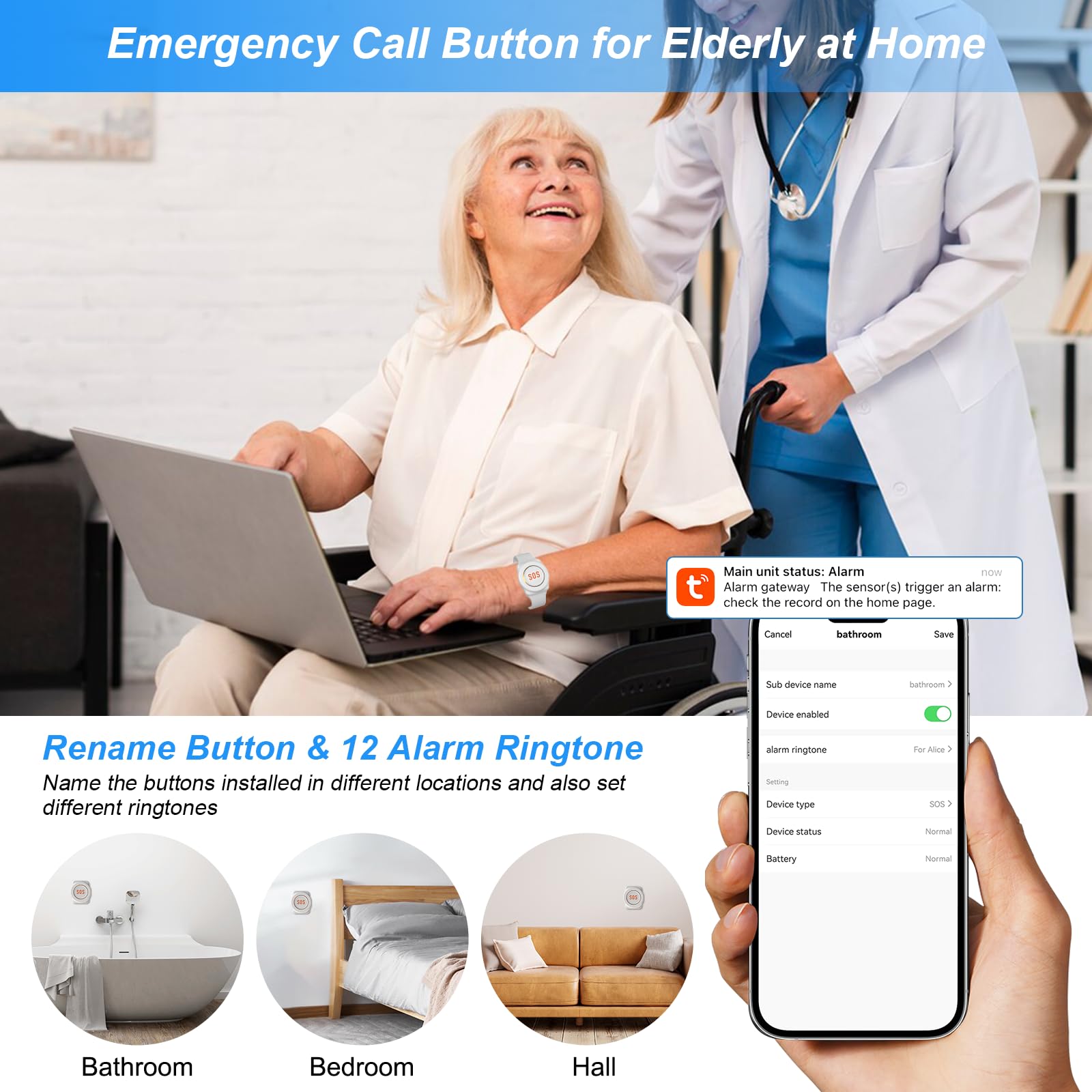 Sanjie Smart caregiver call system with phone alerts, share function, rechargeable receiver, and waterproof call/watch buttons. Ideal for elderly, disabled, or patients.