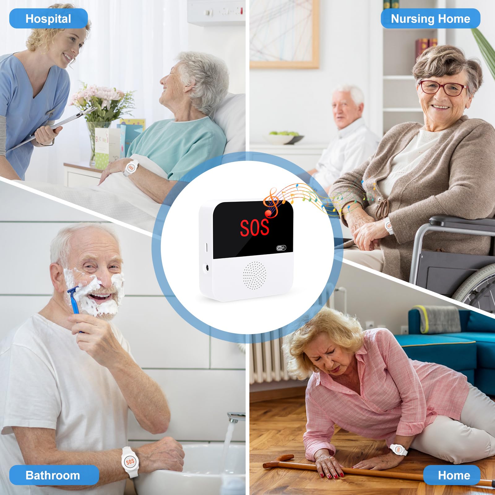 Sanjie Smart caregiver call system with phone alerts, share function, rechargeable receiver, and waterproof call/watch buttons. Ideal for elderly, disabled, or patients.