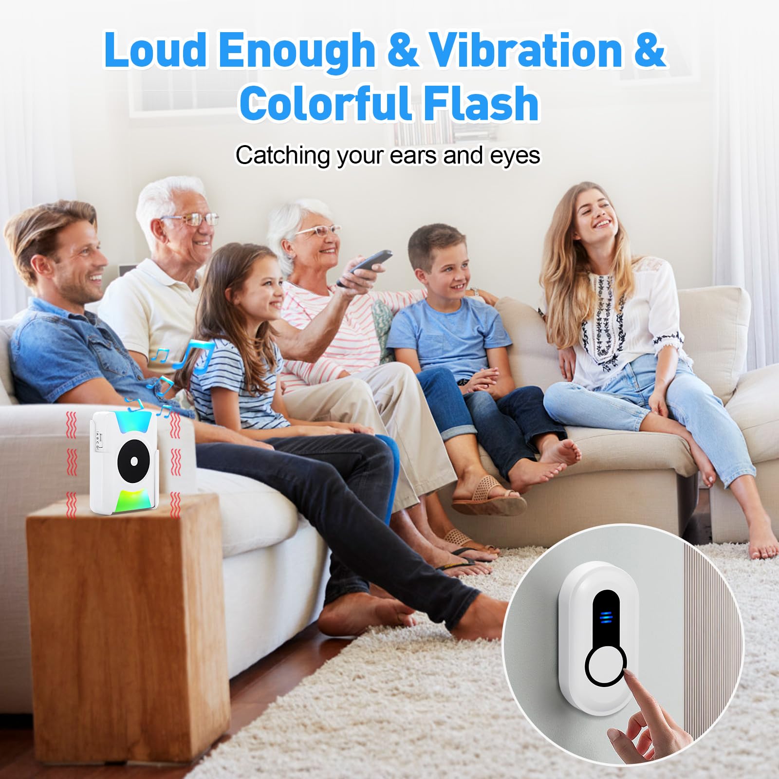Sanjie Wireless Battery Operated Doorbell with Vibration & LED Flash – Loud Door Chime Kit for Home, Hearing Impaired, 4 Modes, 5 Volume Levels