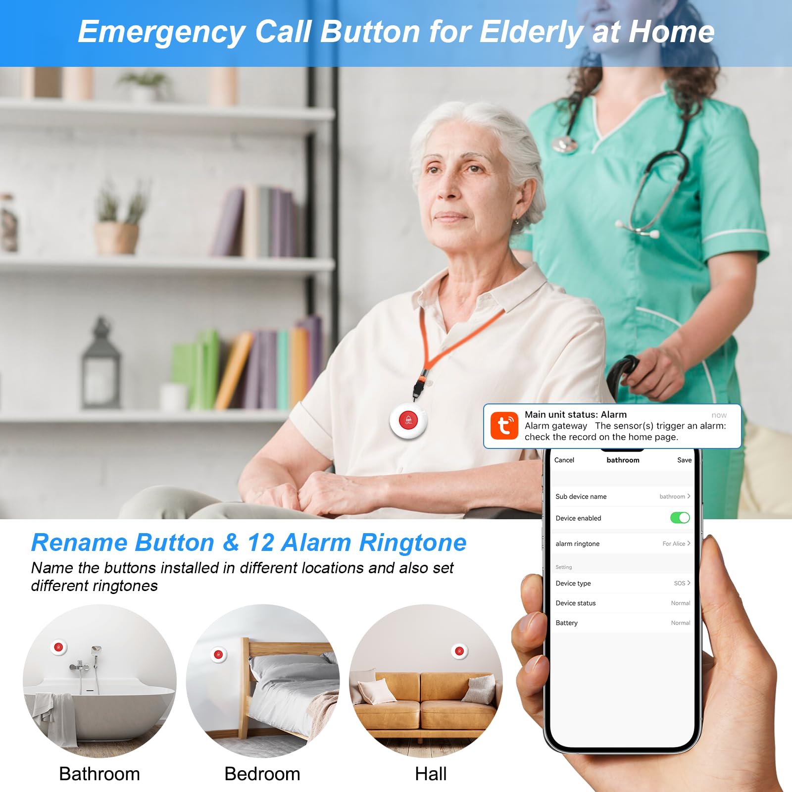 Sanjie Smart WiFi Caregiver Pager with Call Button – Rechargeable Alert System for Elderly, Seniors, Patients, Disabled – TUYA App, Waterproof, No Monthly Fee