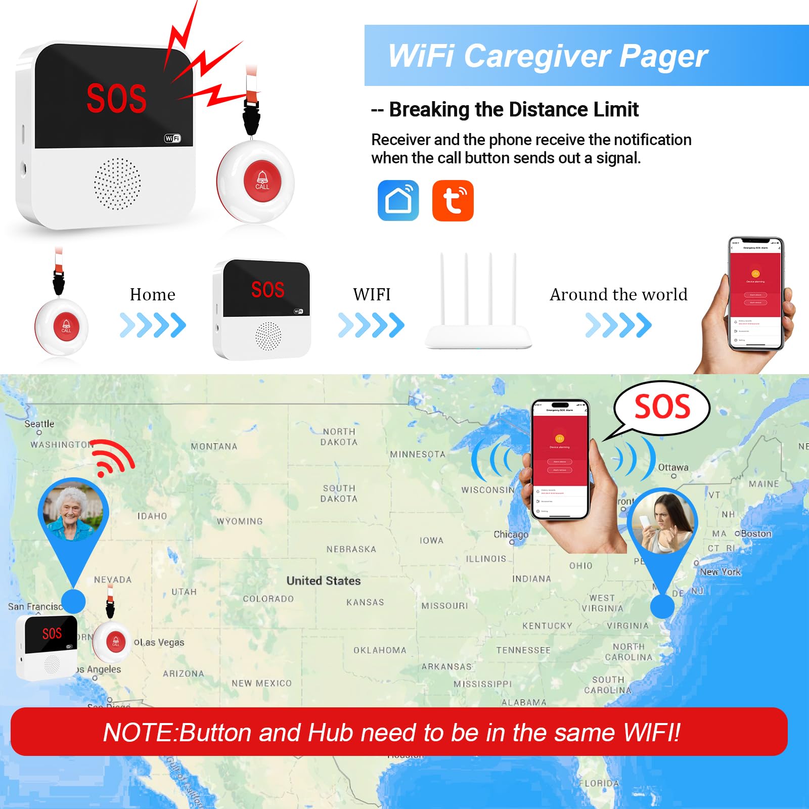 Sanjie Smart WiFi Caregiver Pager with Call Button – Rechargeable Alert System for Elderly, Seniors, Patients, Disabled – TUYA App, Waterproof, No Monthly Fee