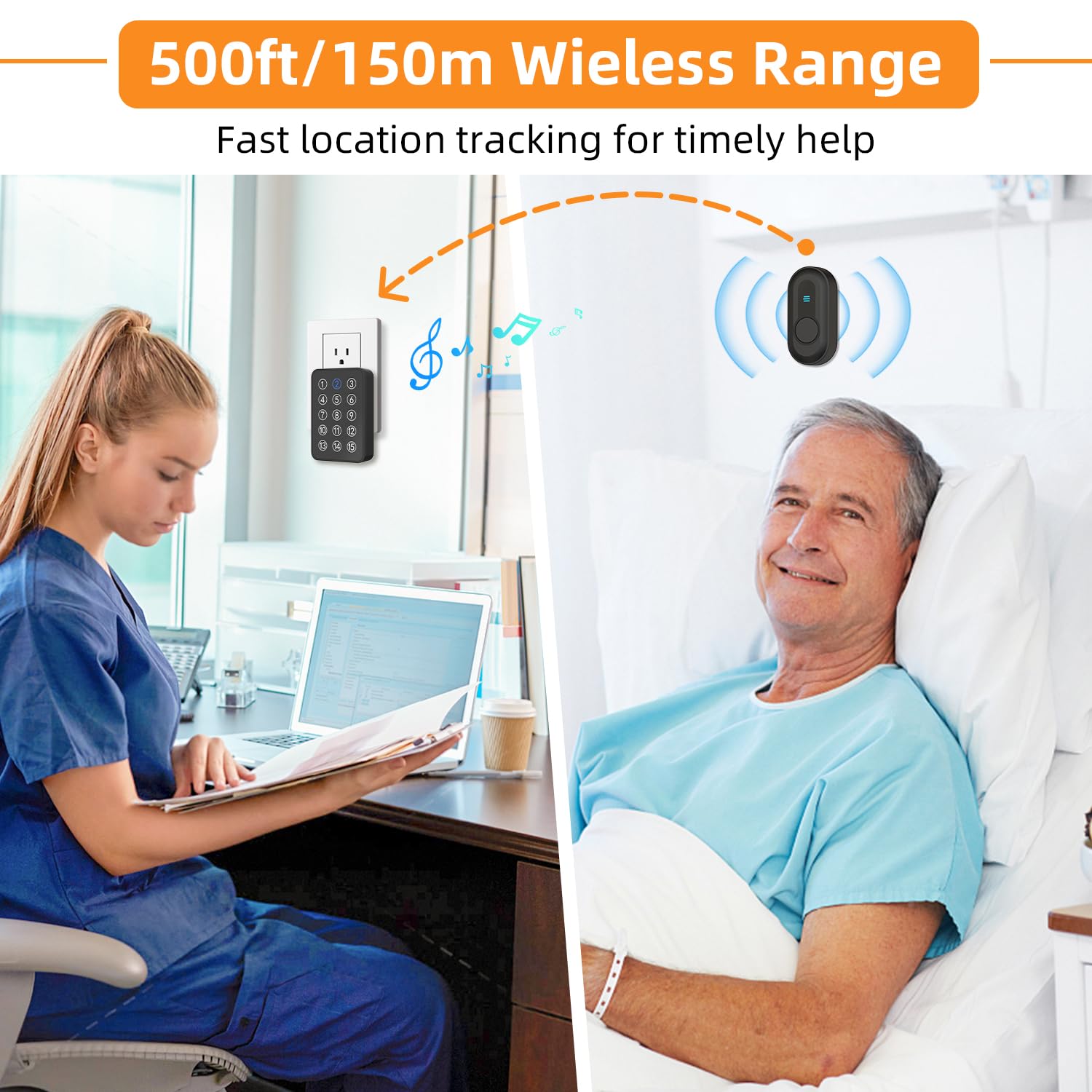 Daytech Wireless Caregiver Pager with LED Display – 500Ft Nurse Call System for Elderly & Patients (Waterproof Call Button)
