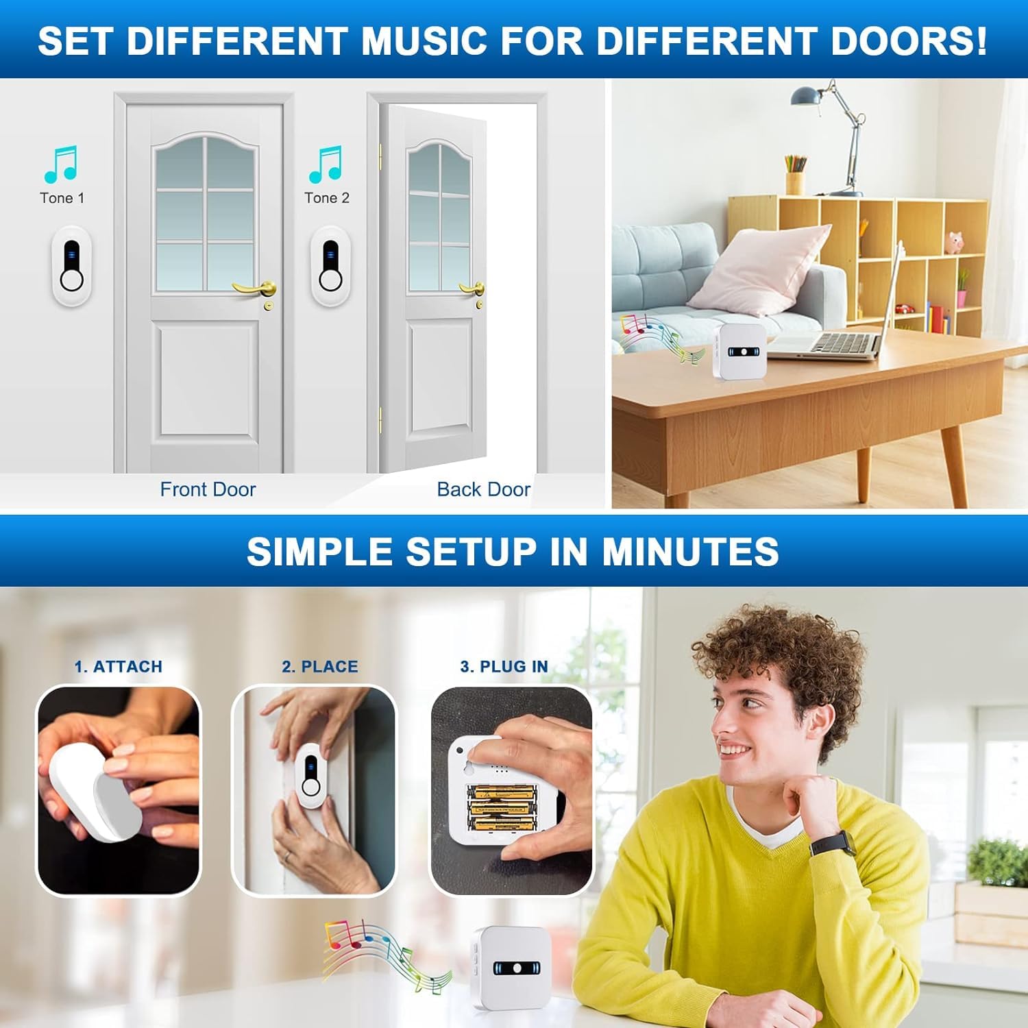 SANJIE Wireless Doorbell Waterproof Chime – 500+ Ft Range, Battery Operated for Home, Classroom, Office & Store