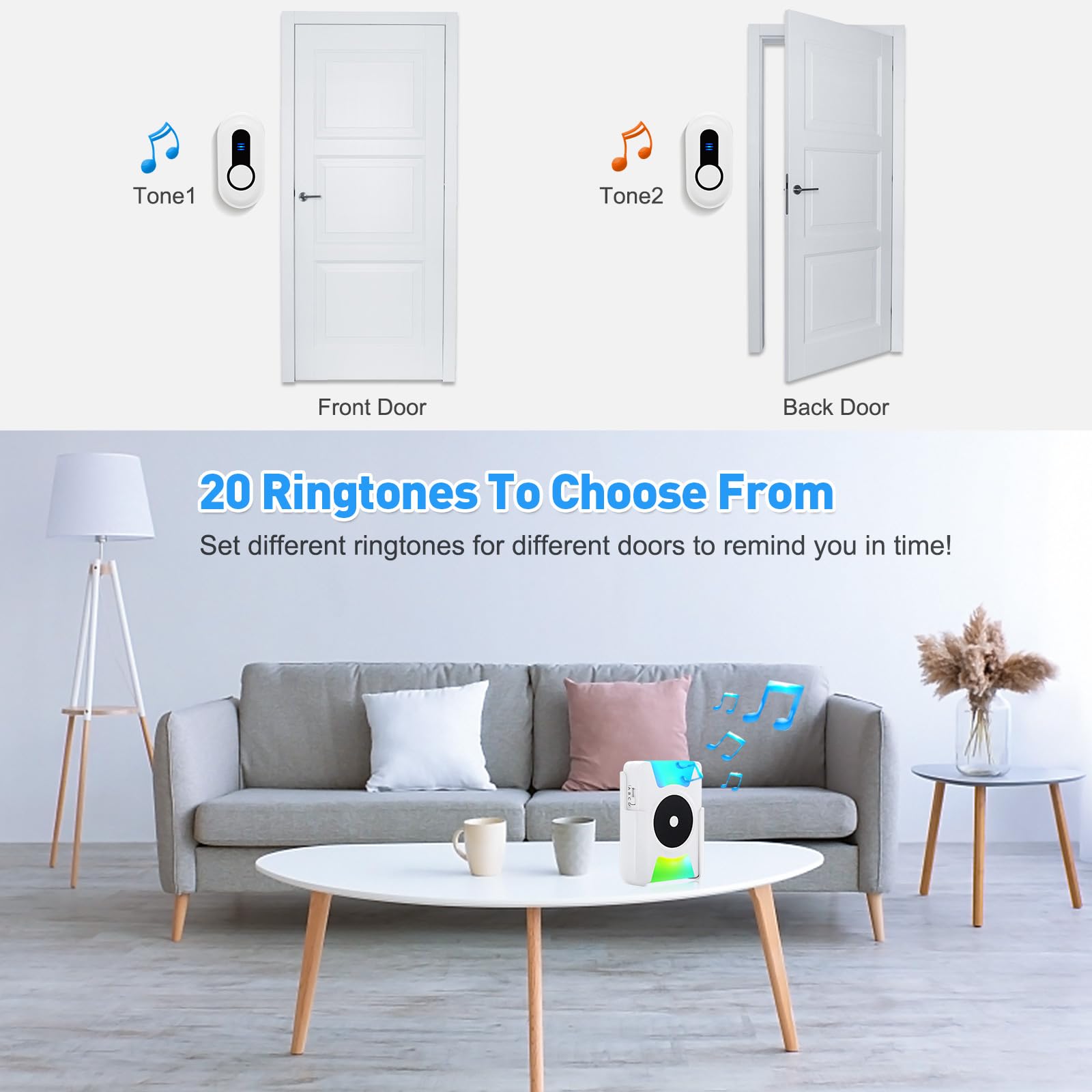 Sanjie Wireless Battery Operated Doorbell with Vibration & LED Flash – Loud Door Chime Kit for Home, Hearing Impaired, 4 Modes, 5 Volume Levels