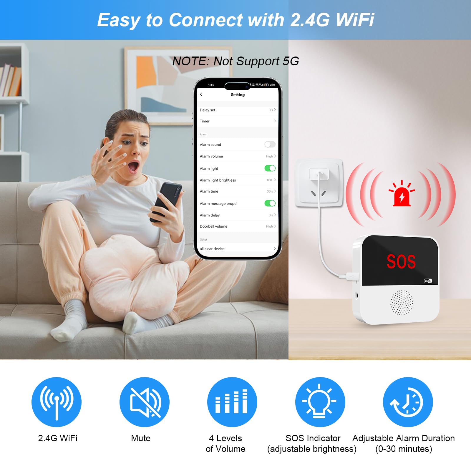 Sanjie Smart caregiver call system with phone alerts, share function, rechargeable receiver, and waterproof call/watch buttons. Ideal for elderly, disabled, or patients.