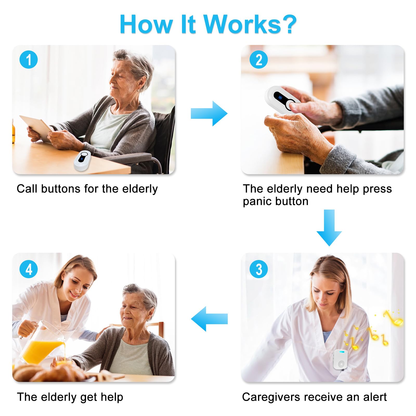 Sanjie Portable Rechargeable Elderly Call Button System with 328Ft Range