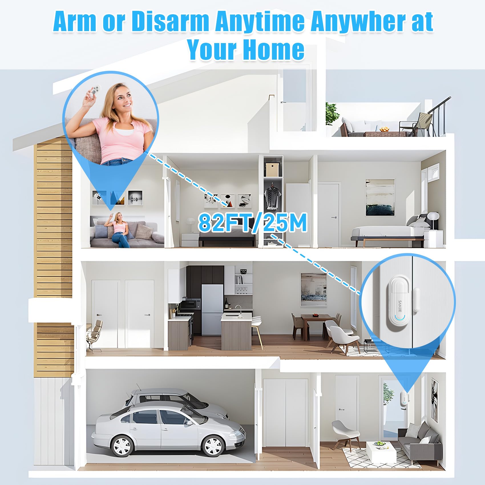 Sanjie Pool Door Alarm for Kids Safety, Wireless Window & Door Alarm Sensor with Remote, 0–120dB Adjustable Volume, 4 Modes, for Home Security & Dementia Monitoring