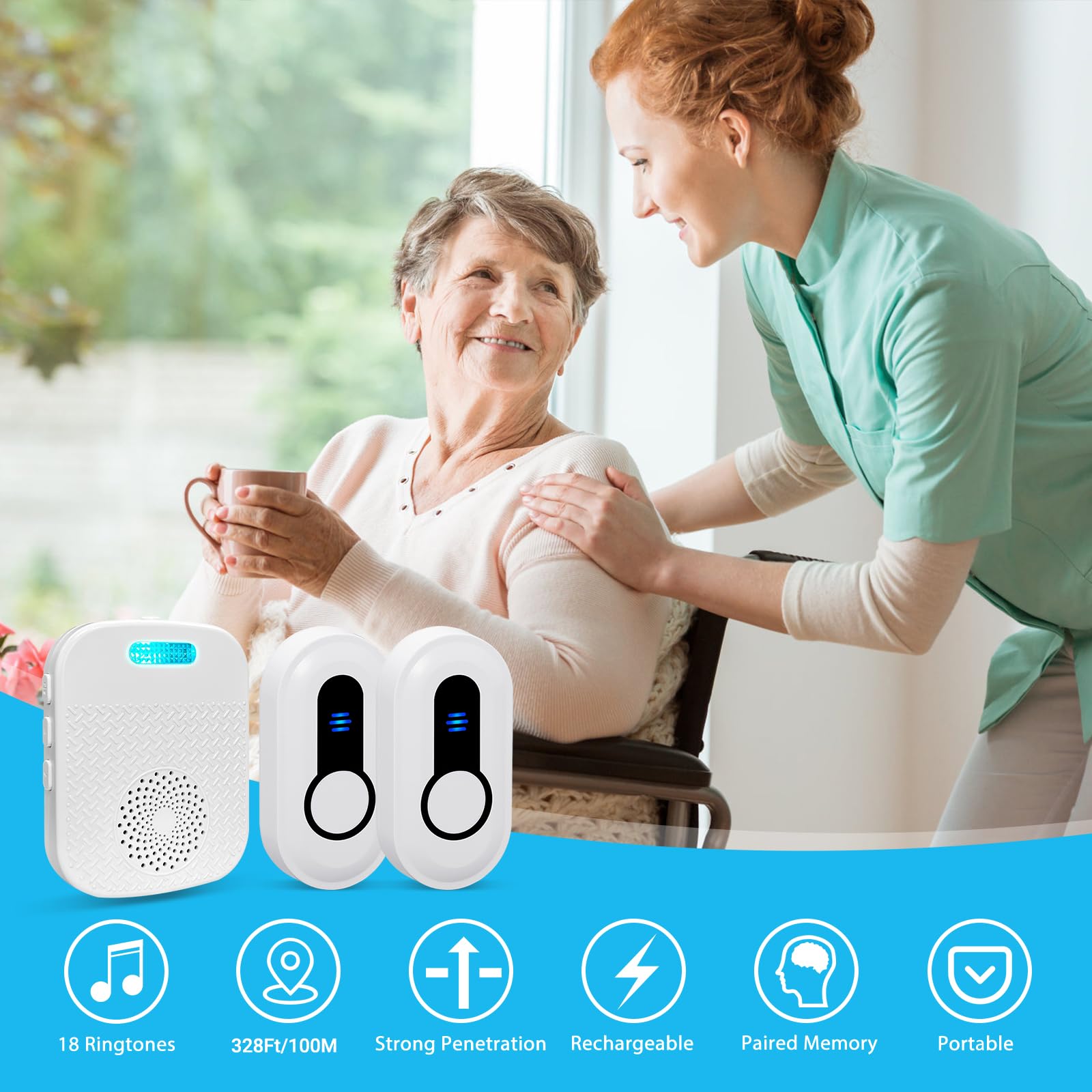 Sanjie Portable Rechargeable Elderly Call Button System with 328Ft Range