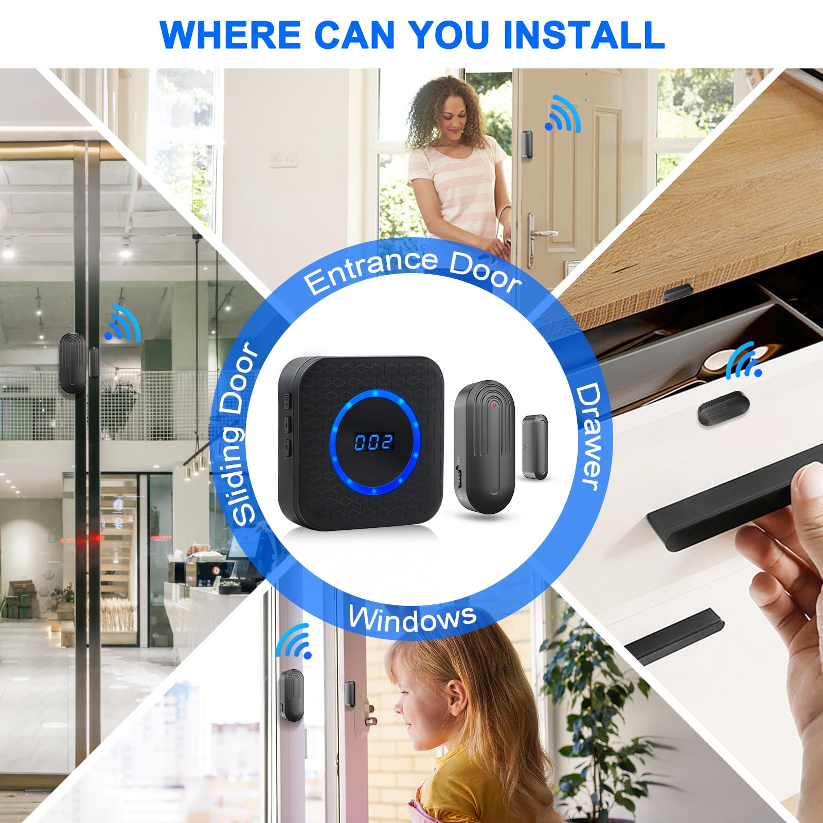 SanJie Wireless Door Chime with Sensor for Home, Office, or Business – 800Ft Range, 55 Chimes, 5 Volume Levels, Entry Alert for Door/Window
