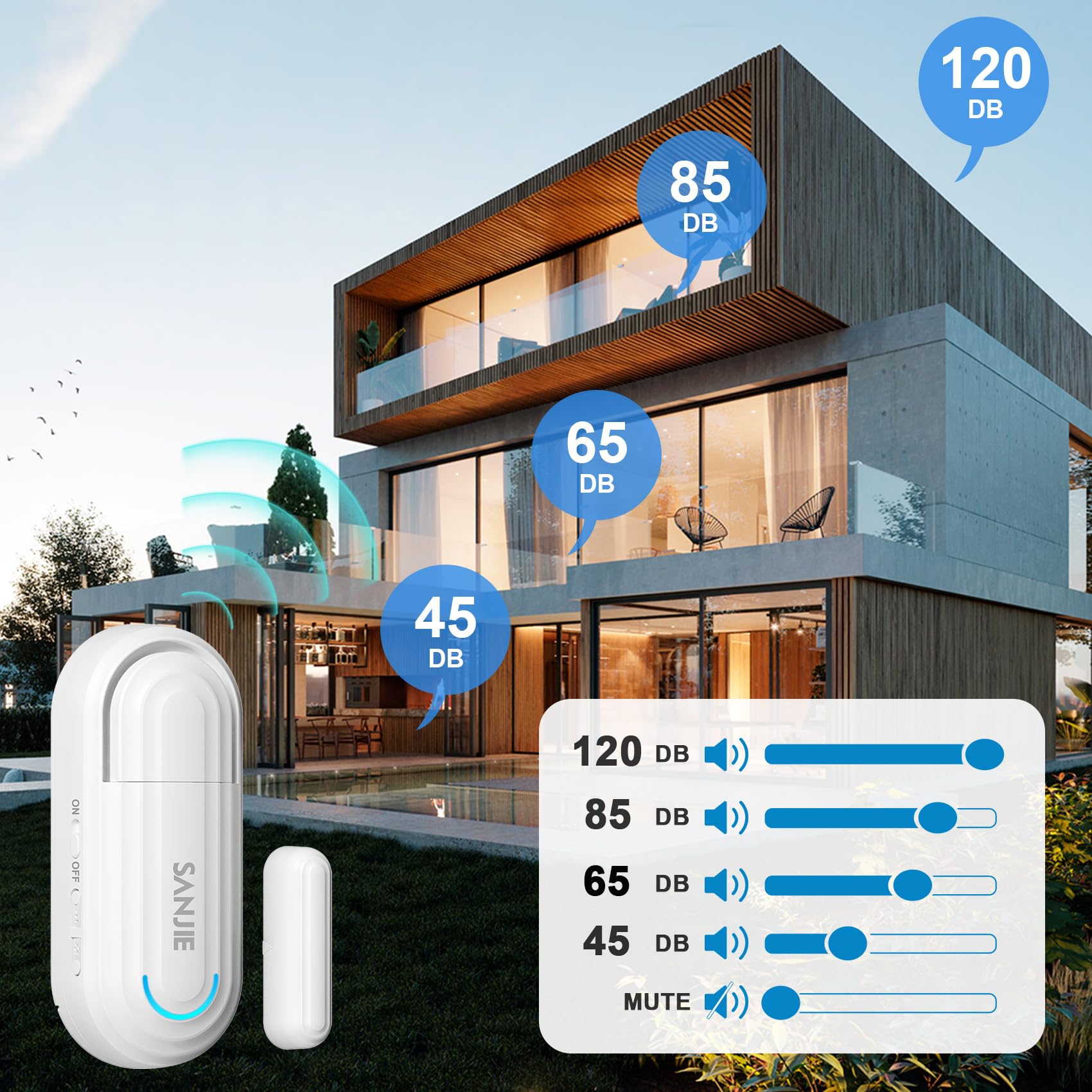 Sanjie Pool Door Alarm for Kids Safety, Wireless Window & Door Alarm Sensor with Remote, 0–120dB Adjustable Volume, 4 Modes, for Home Security & Dementia Monitoring