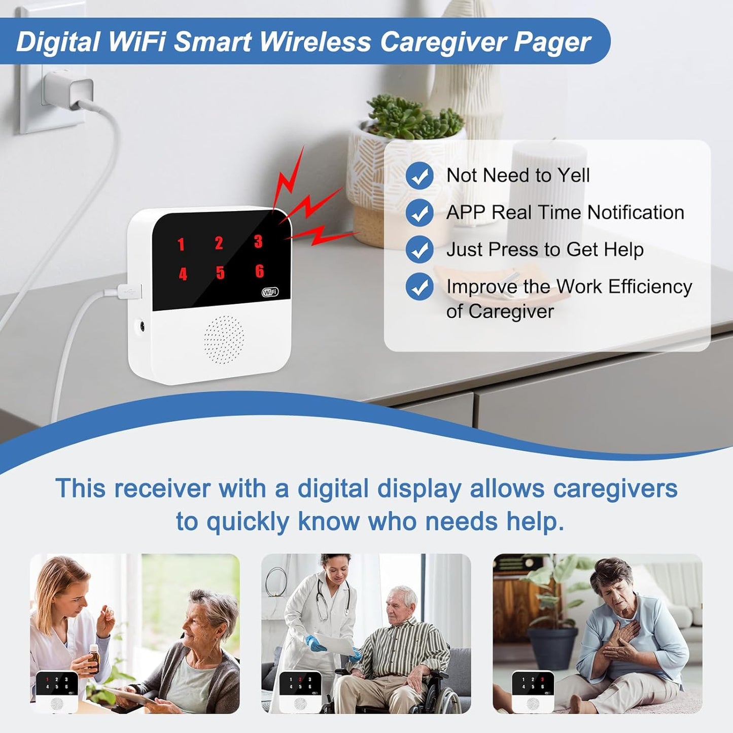 WiFi Smart Wireless Caregiver Pagers for Elderly Alert Button That Calls Cell Phone Caregiver Alert System with LED Number Display 2 SOS Call Button 1 Receiver(Only Supports 2.4GHz &amp; No Monthly Fee)