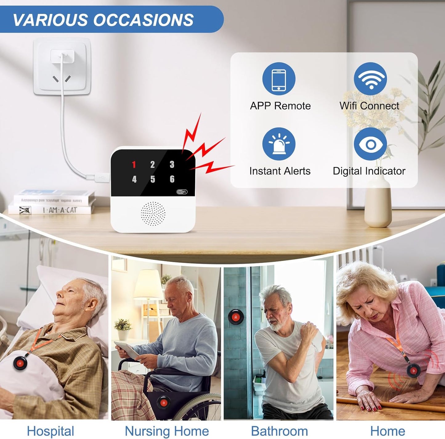 WiFi Smart Wireless Caregiver Pagers for Elderly Alert Button That Calls Cell Phone Caregiver Alert System with LED Number Display 2 SOS Call Button 1 Receiver(Only Supports 2.4GHz &amp; No Monthly Fee)