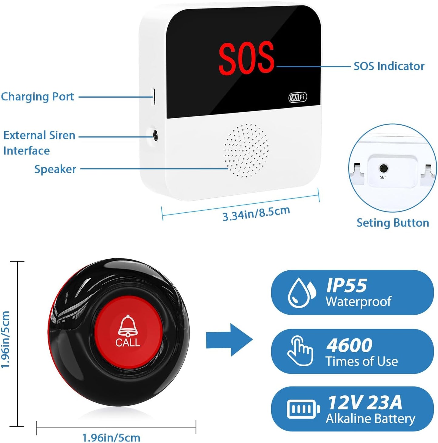 WiFi Smart Wireless Pager System Caregiver Call Button Life Alert Systems for Seniors Fall Alert Devices for Elderly Patient Disabled 1 Receiver(only Supports 2.4GHz &amp; No Monthly Fee)