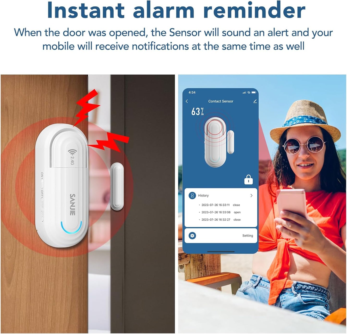 SanJie Smart WiFi Door Sensor Alarm for Kids Safety, Window Door Real-time Alarm , No Hub Required, Trigger Phone Notification,for Home Security Bussiness Burglar Alert with Alexa Google Assistant