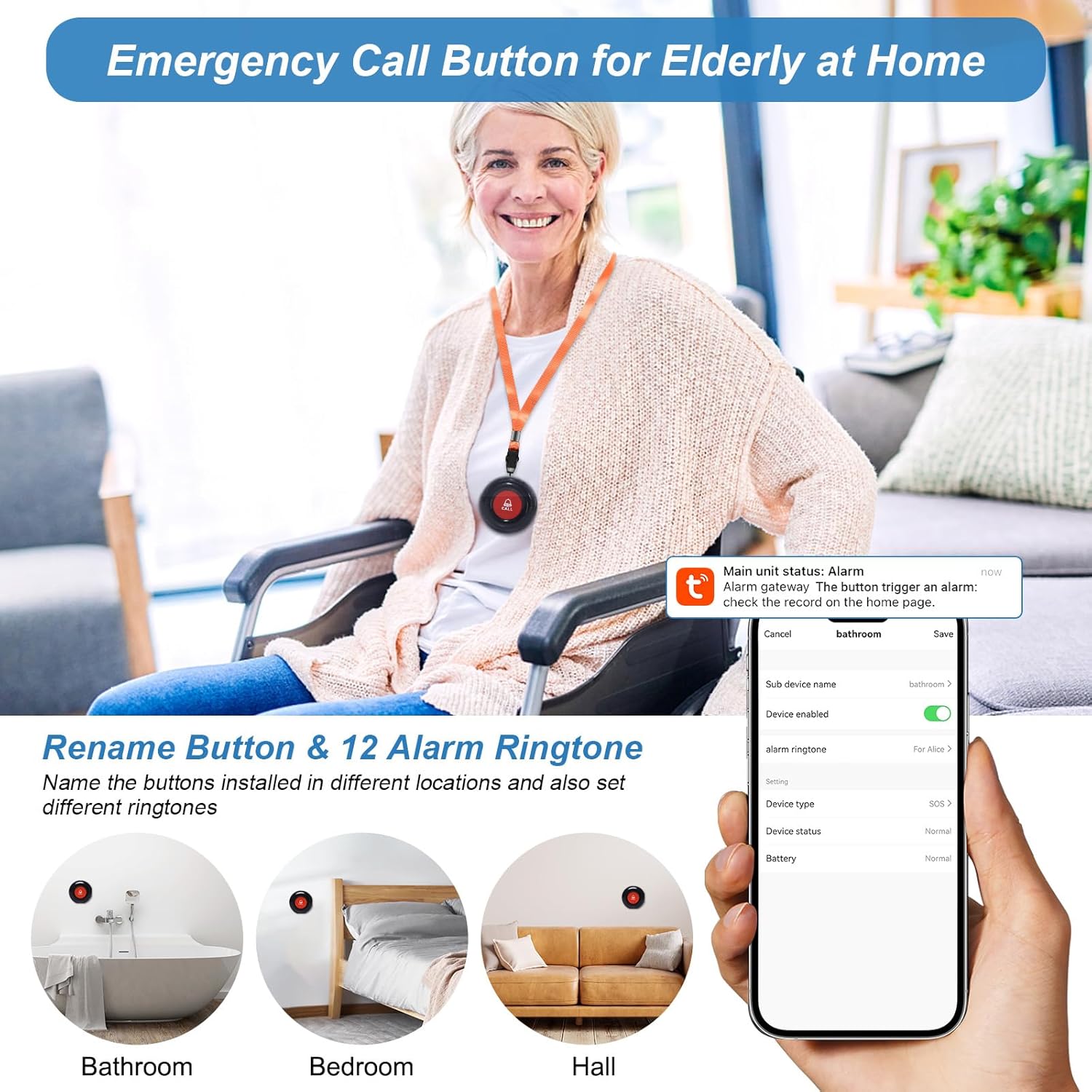 Sanjie Best WiFi Caregiver Pager with Call Button & Watch – Emergency Alert System for Seniors, Disabled, Elderly – Tuya App Remote Alarm & Notification Anywhere