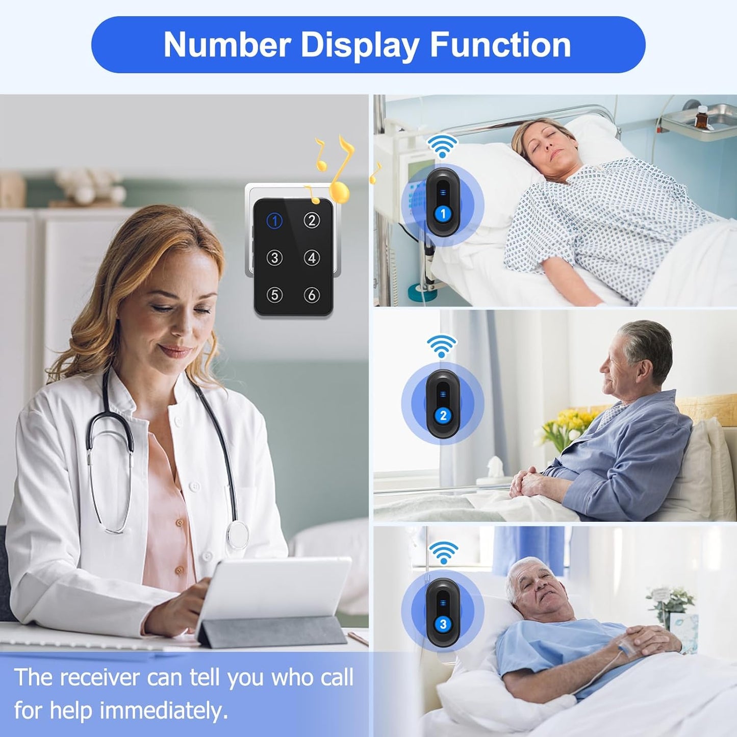 Wireless Caregiver Pager Call Button Nurse Call System 500Ft Range with LED Number Display for Elderly/Patient/Disabled at Home/Hospital/Clinic(6 Waterproof Call Button &amp; 1 Receiver)