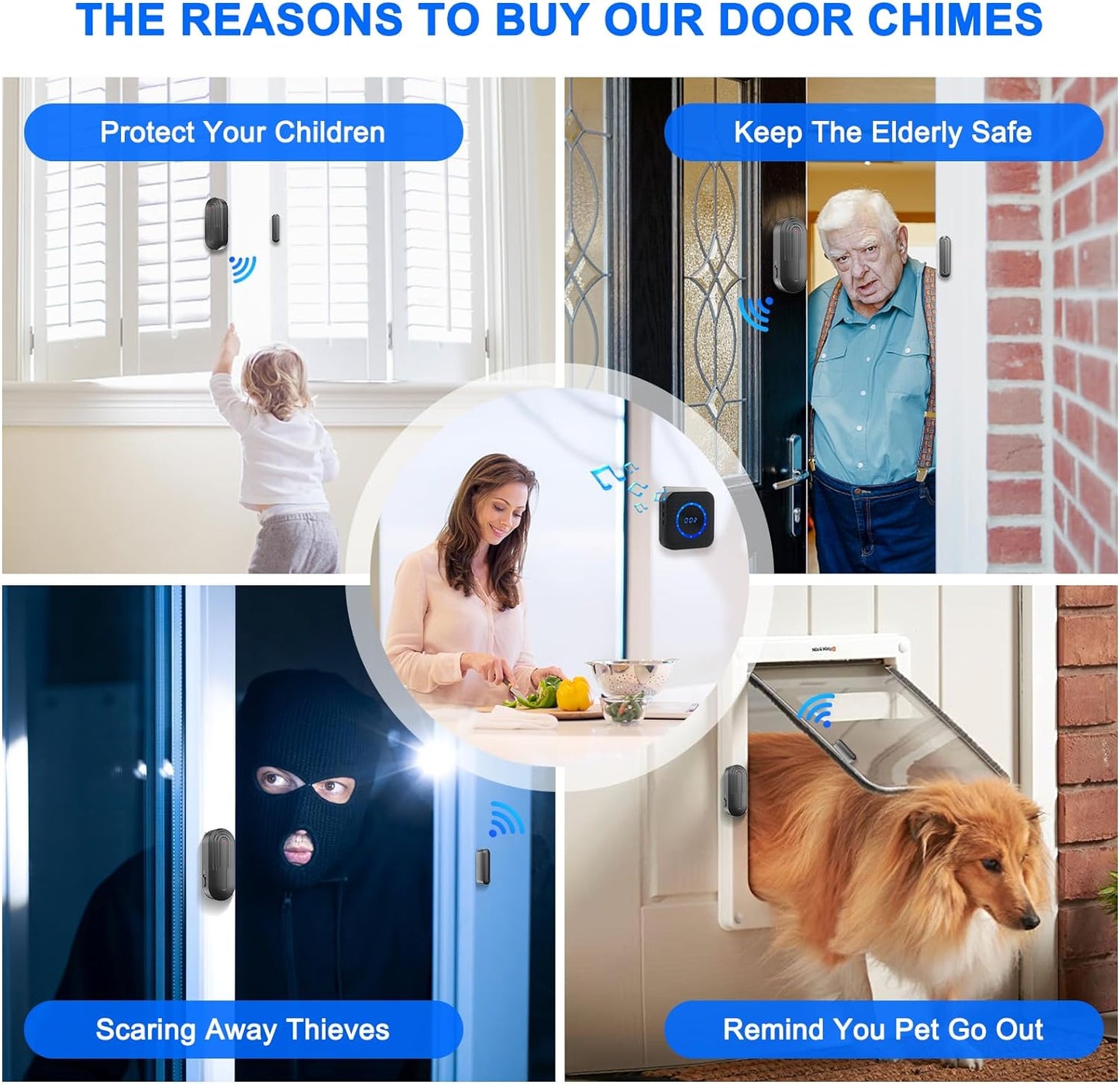 Wireless Door Chime for Business Home Office When Entering Door Alarms When Opened Door Entry Chime with 800Ft Range 55 Chimes 5 Volume Levels Door Ringer Alert(1 Receiver &amp; 4 Sensor)