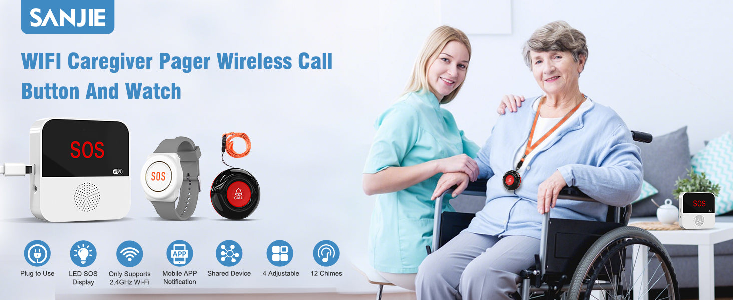 Sanjie Best WiFi Caregiver Pager with Call Button & Watch – Emergency Alert System for Seniors, Disabled, Elderly – Tuya App Remote Alarm & Notification Anywhere