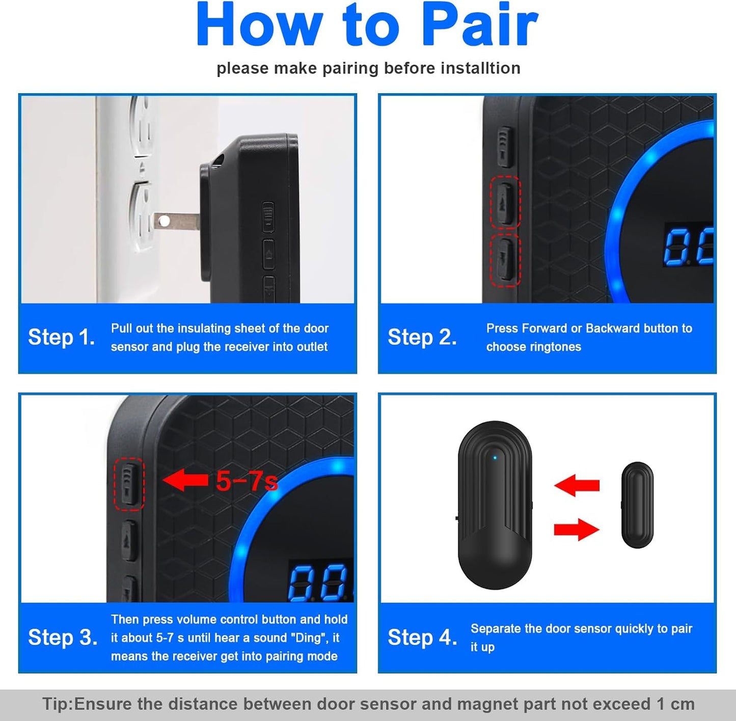 Wireless Door Chime for Business Home Office When Entering Door Alarms When Opened Door Entry Chime with 800Ft Range 55 Chimes 5 Volume Levels Door Ringer Alert(1 Receiver &amp; 4 Sensor)