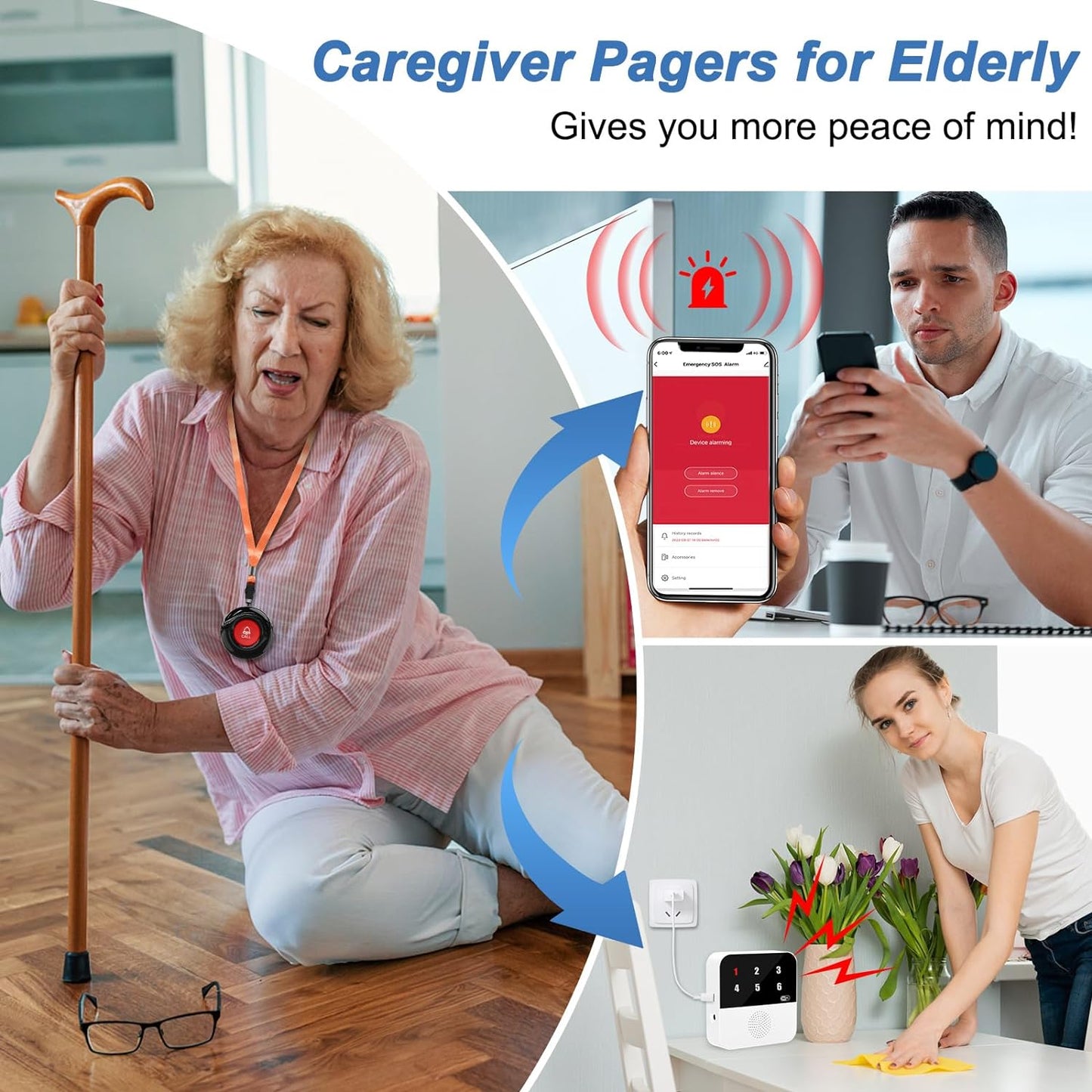 WiFi Smart Wireless Caregiver Pagers for Elderly Alert Button That Calls Cell Phone Caregiver Alert System with LED Number Display 2 SOS Call Button 1 Receiver(Only Supports 2.4GHz &amp; No Monthly Fee)